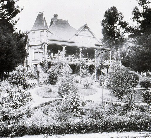 Historic J. Schram Victorian house with formal front gardens, circa 1875