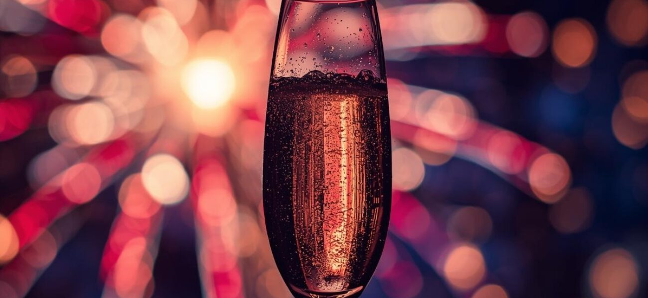 Sparkling wine glass with fireworks