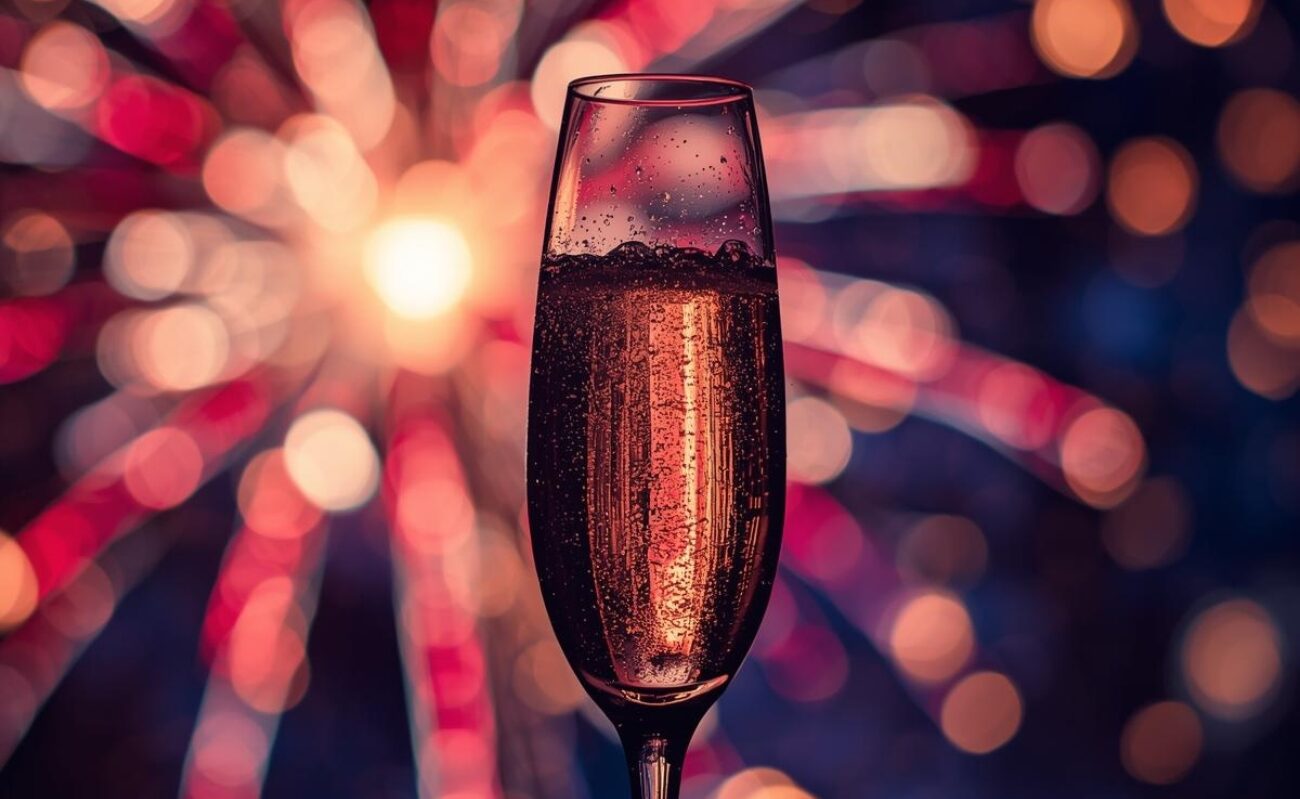 Sparkling wine glass with fireworks