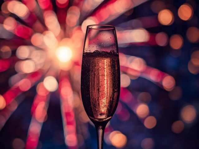 Sparkling wine glass with fireworks