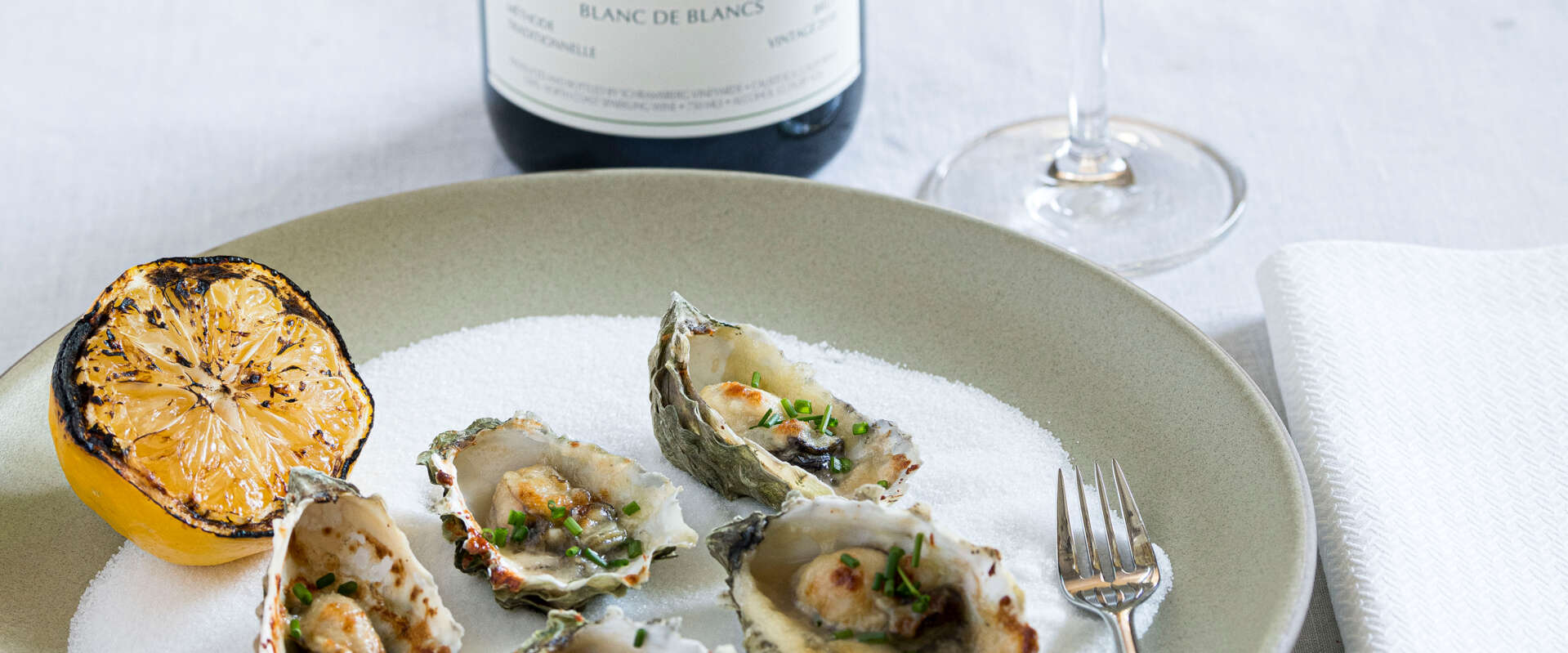 Blanc de Blancs paired with Spicy Buttered Oysteres on the Half Shell