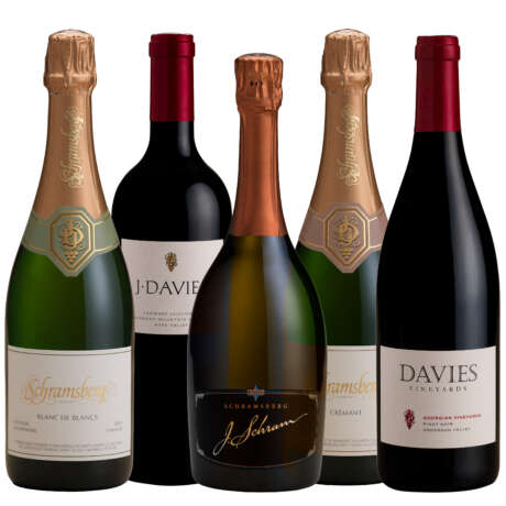 From left to right, one bottle of each: Schramsberg Blanc de Blancs, J. Davies Estate Cabernet Sauvignon, J. Schram, Crémant Demi-Sec, Davies Vineyards "Goorgian Vineyards" Pinot Noir