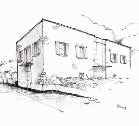Sketch of the exterior of the Davies Vineyards hospitality facility in St. Helena, California