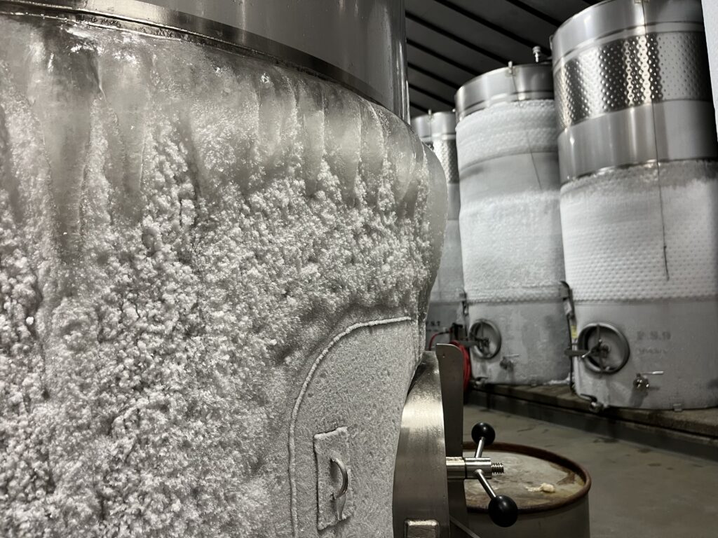 Tanks covered with ice, during cold stabilization process