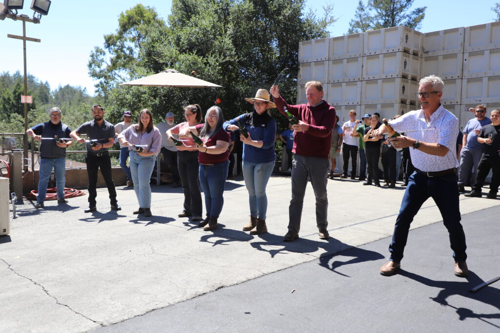 Winemakers sabering bottles on first day of harvest