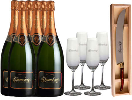 Six bottles of Schramsberg Reserve, four etched Schramsberg flutes and an engraved Schramsberg saber in its box