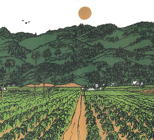 Color lithograph of vineyard and mountain in the Napa Agricultural Preserve