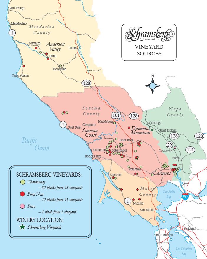 Map of the 2021 harvest vineyard sources for Schramsberg Vineyard, showing locations of Chardonnay and Pinot Noir vineyards, from four Northern California counties.