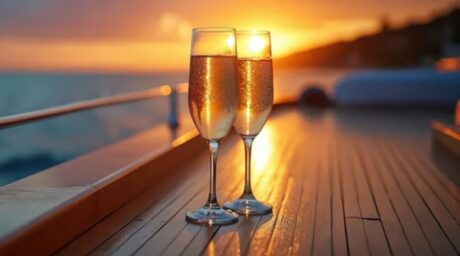 Two sparkling wine glasses with sunset in background