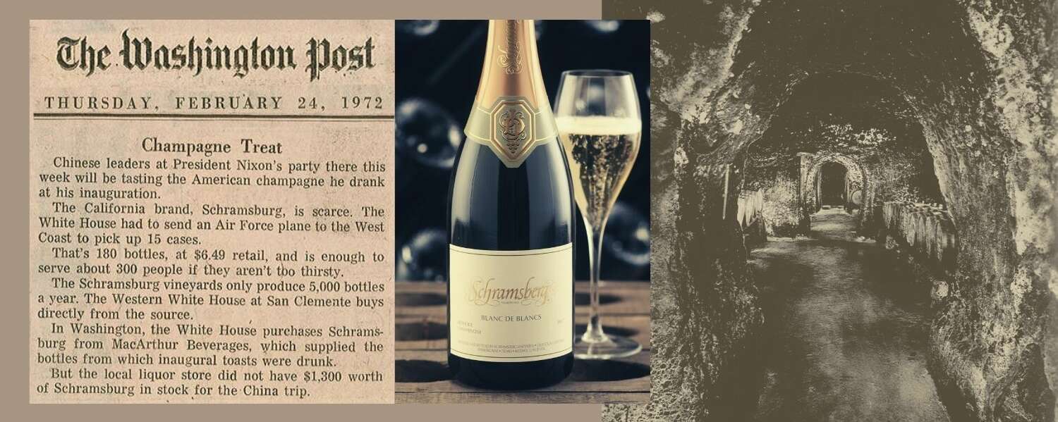 Website Banner for 50th Anniversary Toast to Peace. One the left the Washington Post article, in the middle a bottle of Schramsberg Blanc de Blancs and on the right a picture of the historic caves