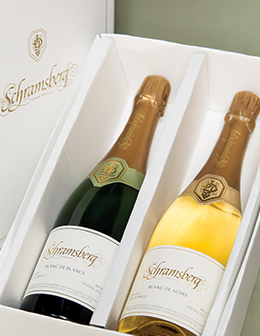Gift box that has a bottle of Schramsberg Blanc de Blancs and a bottle of Schramsberg Blanc de Noirs
